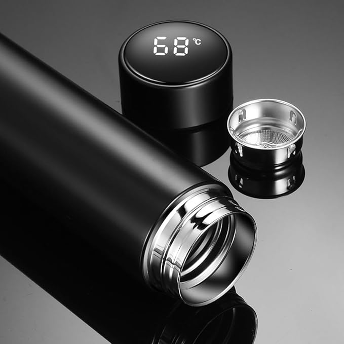 Water Bottle with LED Temperature Display Double Walled Vacuum Insulated Water Bottle Stainless Steel Automotive Travel Bottle BPA-free Leak Proof Keep Cold/Warm For 12H, Black, SMB0001