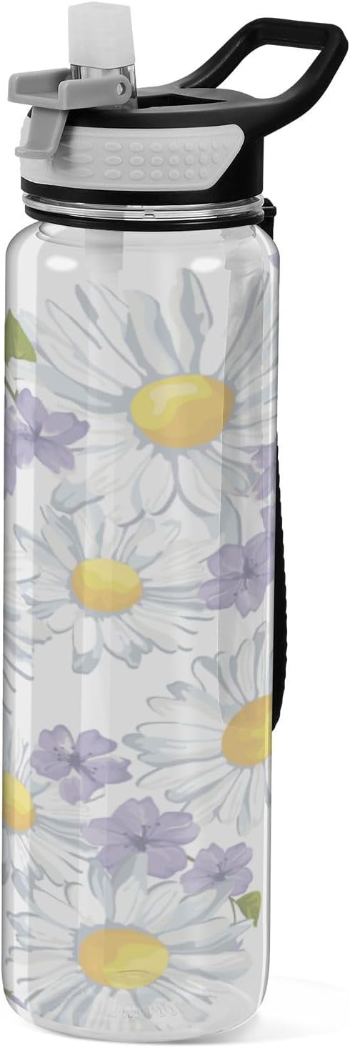 Kigai Daisy Flower Clear Water Bottle with Straw Lid, BPA-Free Leakproof Sport Water Bottle 32oz Large Gym Water Jug for Men Women Travel Fitness Outdoor