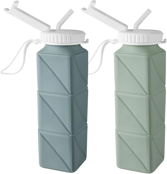 Opard Collapsible Water Bottles 21 Oz - BPA Free, Leak Proof, Foldable Silicone Collapse Water Bottle with Straw, Easy to Compact and Expandable, Travel Essentials Accessories (Green + Blue)