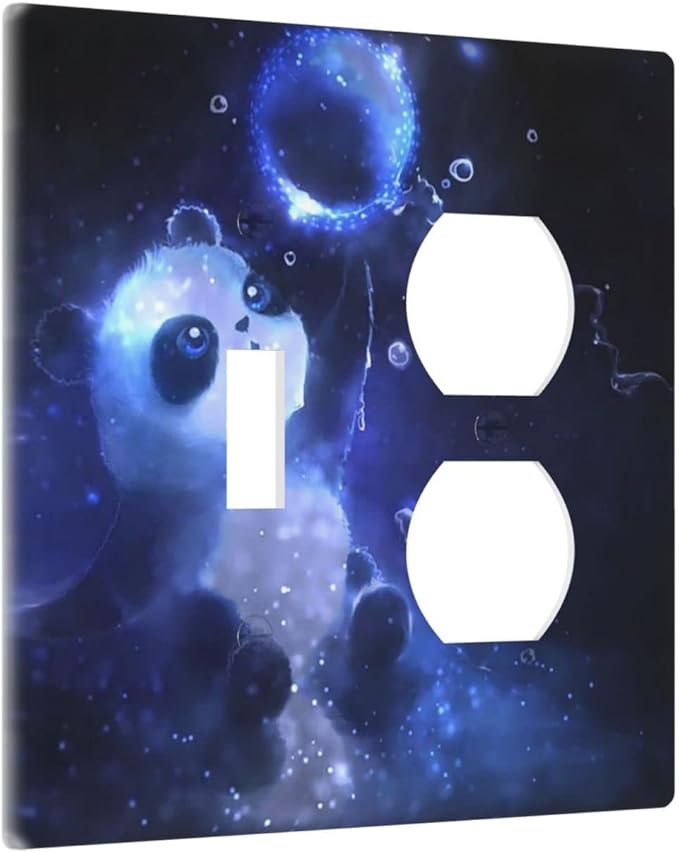Cute Baby Panda Light Switch Cover Wall Plate Decorative 2 Gang Combination Toggle/Outle Covers Blue for Kitchens Farmhouses Duplex Electrical Receptacle Covers 4.5 x 4.6 in