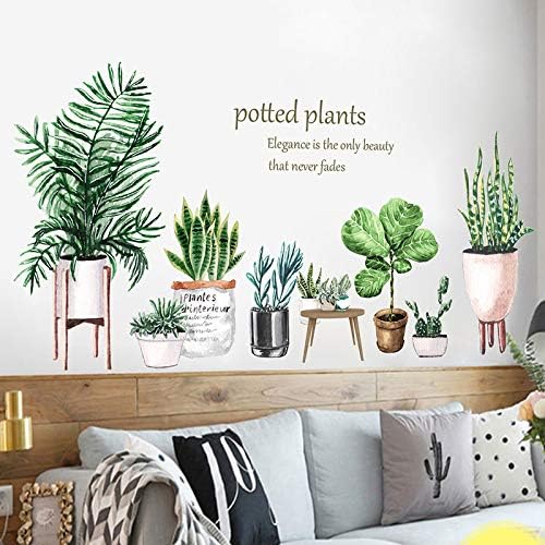 Green Plants Potted Wall Decals Tropical Plants Green Leaves Wall Stickers, DIY Vinyl Nature Wallpaper, for Living Room Background Wall Decoration Kids Bedroom Kitchen Office Girl Room