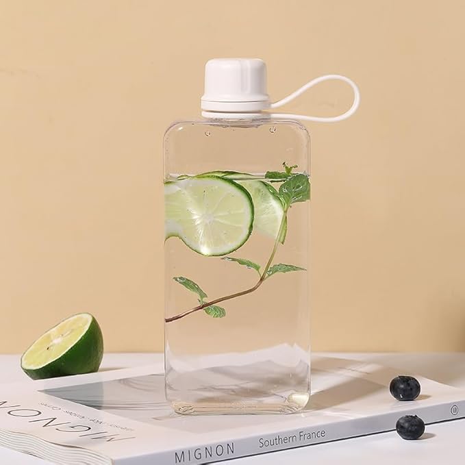 Tritan Transparent Flat Water Bottle samll Water Bottle Slim Square Pocket Bottle Water Flask, BPA Free/Slim Design/Leak Proof Water Bottle for Travel, Outdoor, Sports, Camping (White, 400ML)