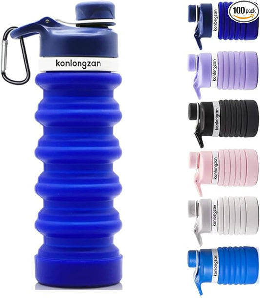 Collapsible Water Bottle Silicone Foldable Water Bottles Travel Water Bottles 550ml with Carabiner, Portable Sport Water Bottles for Camping,Hiking Sport. (Dark Blue)