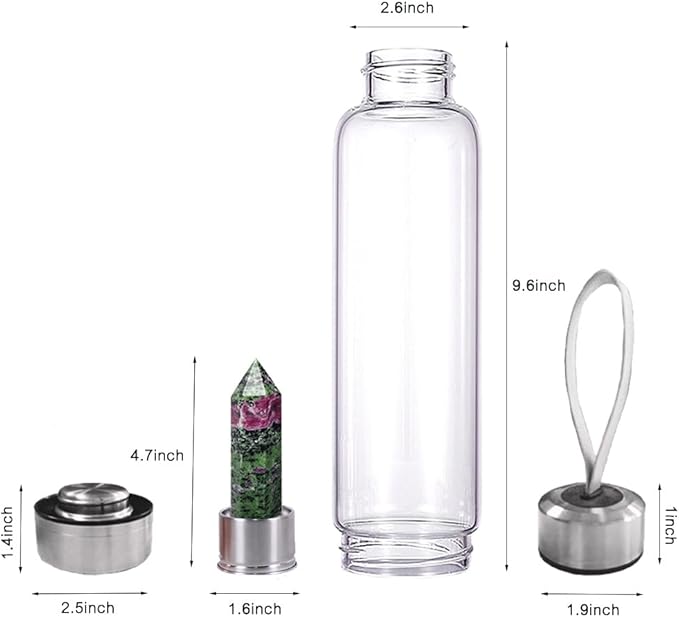 Crystal Glass Water Bottle,Water Bottle With Gemstone Center Crystal Elixir Bottle,Removable Gemstones Creative Water Cup Crystal Column Magic Wand Energy Cup for Gifts (D-Red Green Treasure)