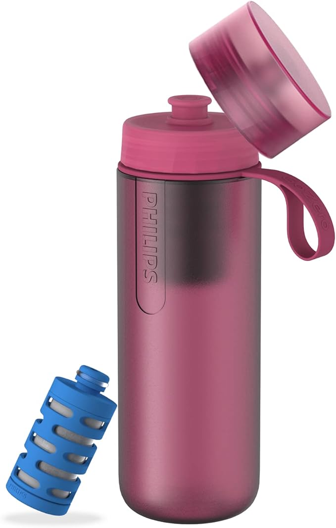 PHILIPS Water GoZero Active BPA-Free Water Bottle with Fitness Tap Water Filter, Sport Squeeze Water Bottle, Lightweight, 24 oz with Fitness Filter, Plum