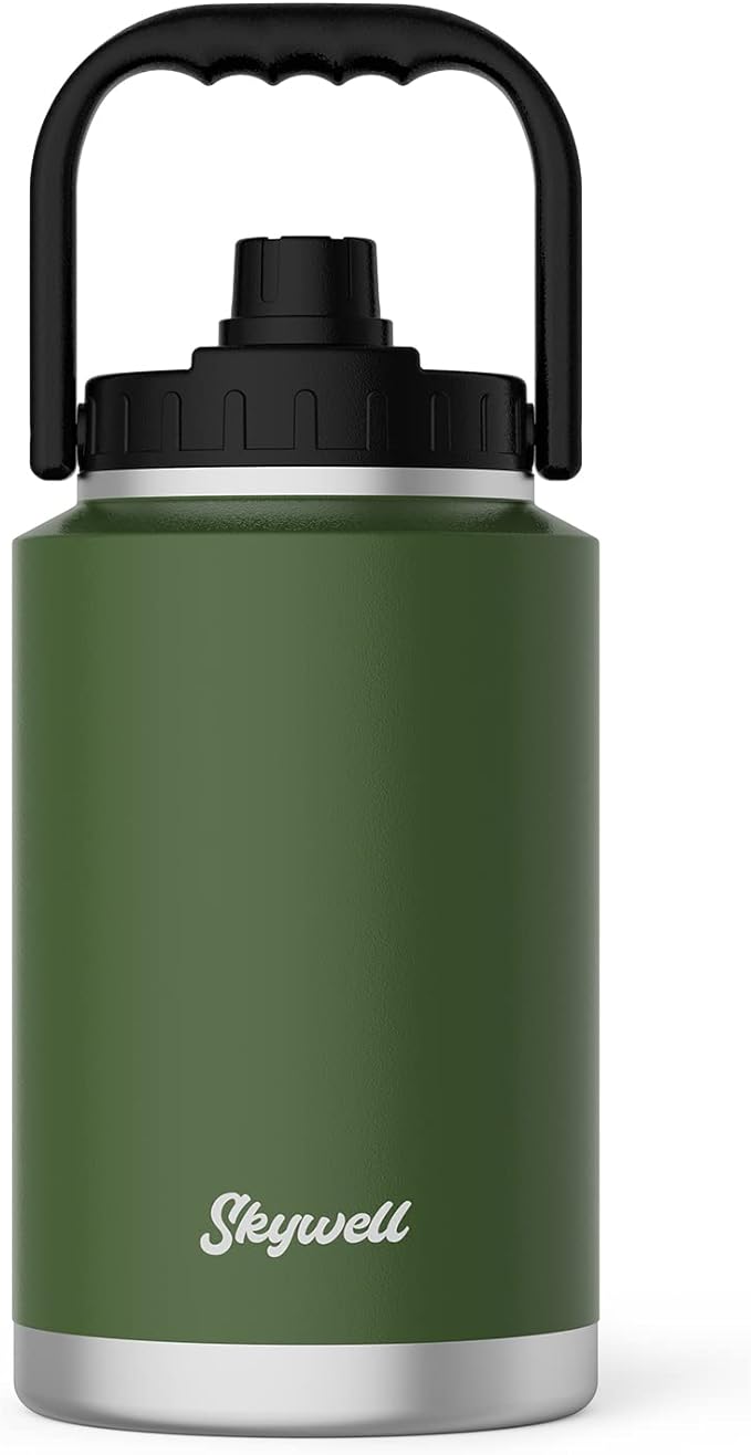 SkyWell 1 Gallon Insulated Water Bottle with Handle and Wide Mouth Water Flask Sweat-Proof and Leak-Proof 128 Oz Stainless Steel Water Jug for Outdoors, Olive