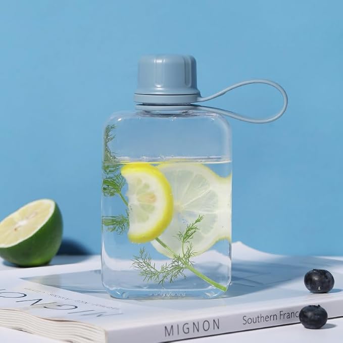 Tritan Transparent Flat Water Bottle samll Water Bottle Slim Square Pocket Bottle Water Flask, BPA Free/Slim Design/Leak Proof Water Bottle for Travel, Outdoor, Sports (Light Blue, 240ML)