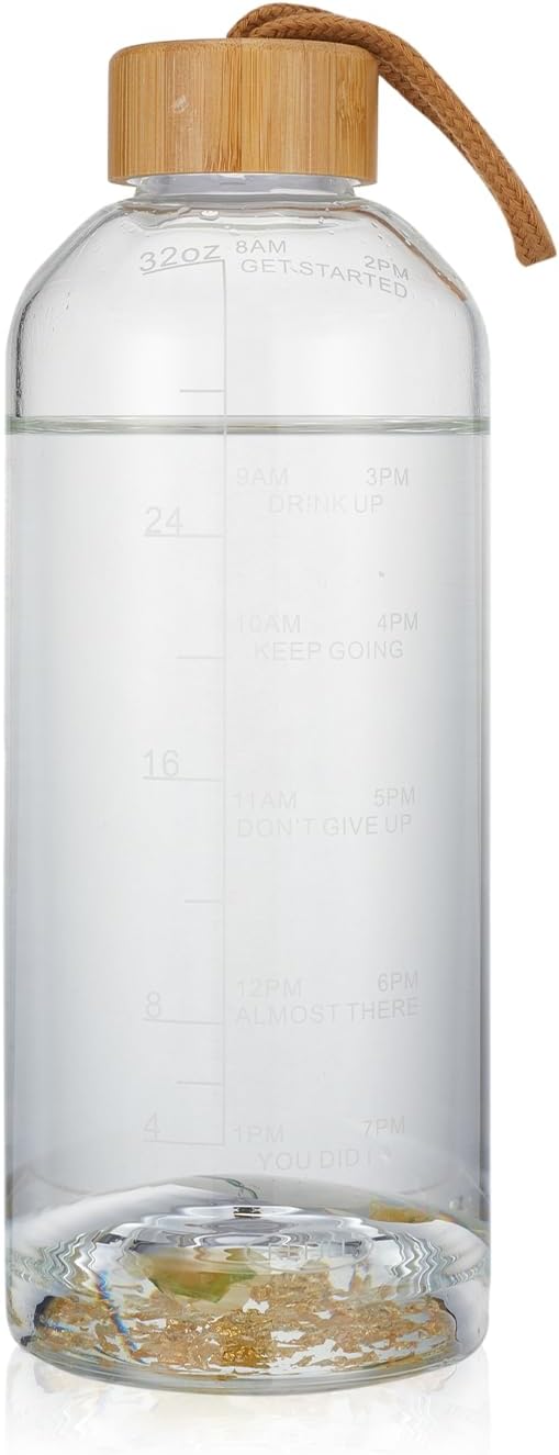 Crazy Music 32 oz Clear Glass Water Bottles,Reusable Glass Juicing Bottles with Bamboo Leak Proof Lids -Sports Water Bottle with Time Marker for Gym, Sports, Outdoors(Gold RosesTheme)