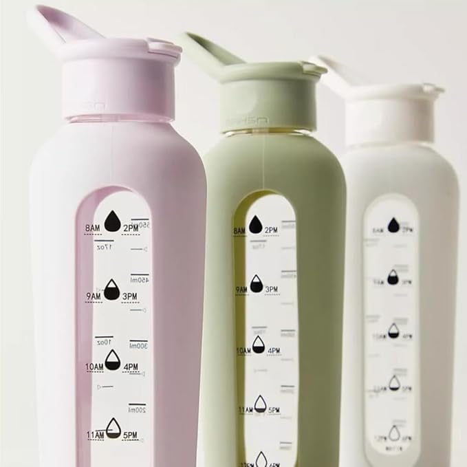 Mayim 24 Oz Glass Tumbler with Straw and Handle, Reusable Motivational Glass Water Bottle with Silicone Sleeve and Time Marker, Leak Proof Borosilicate Water Bottle -Kelly Green