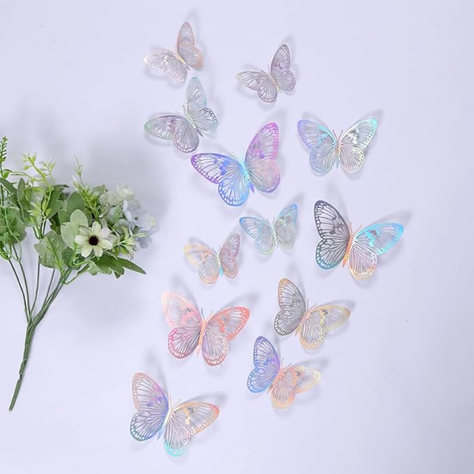 3D Butterfly Wall Decor 48 Pcs 4 Colors 3 Sizes,Gold Silver Laser Rose Butterfly Decorations for Butterfly Birthday Decorations Butterfly Party Decorations Cake Decorations,Removable Sticker (Style-G)