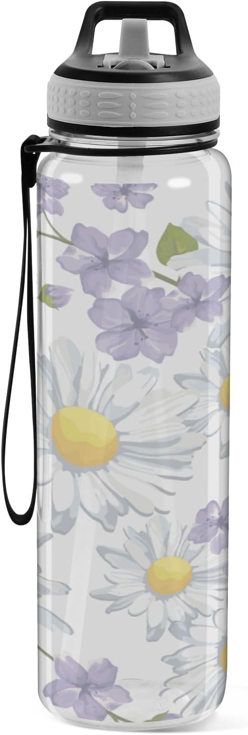Kigai Daisy Flower Clear Water Bottle with Straw Lid, BPA-Free Leakproof Sport Water Bottle 32oz Large Gym Water Jug for Men Women Travel Fitness Outdoor