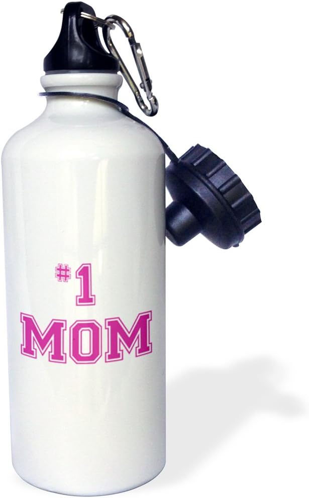 3dRose "#1 Mom-Number One Mom in hot pink large print text-for worlds greatest and best Mothers day" Sports Water Bottle, 21 oz, White