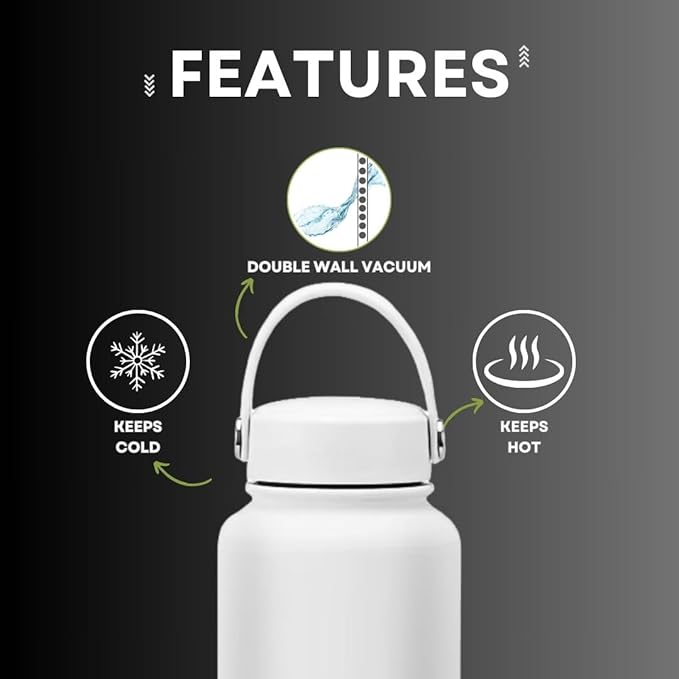 32 OZ Double Wall Stainless Steel Vacuum Bottle Insulated Water Bottles Outdoor Sports Bottle with Handle Lid, Spill-Proof, Hike, School, Hydration, Ivory, Black, Pale Green, Lavender (Ivory)