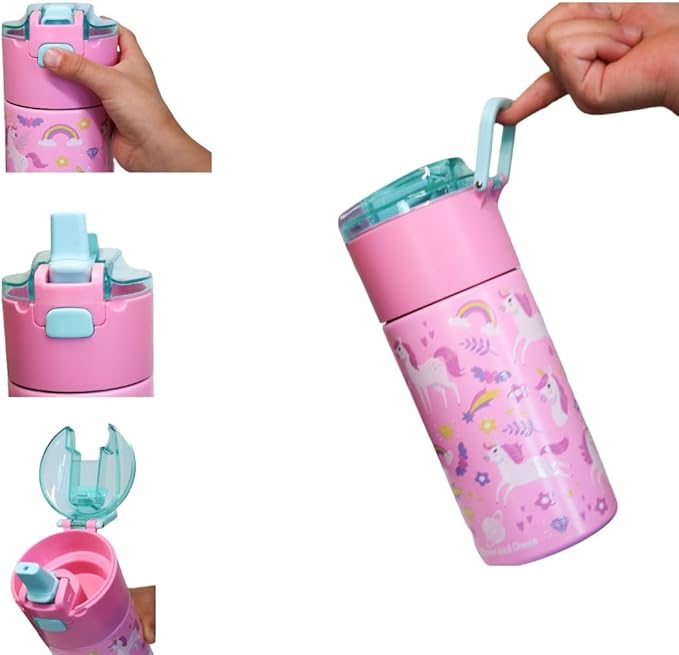 Kids insulated water bottle with straw and snack cup. Double wall stainless steel 14oz (Pink Unicorn)