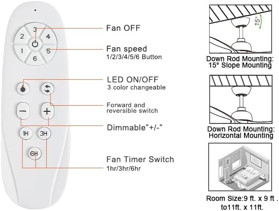 42-Inch White Ceiling Fan with Light - Remote Control, 3 Color Changing, Dimmable, Reverse Rotation - Quiet, 6 Speeds - Ideal for Living Room, Bedroom, Balcony