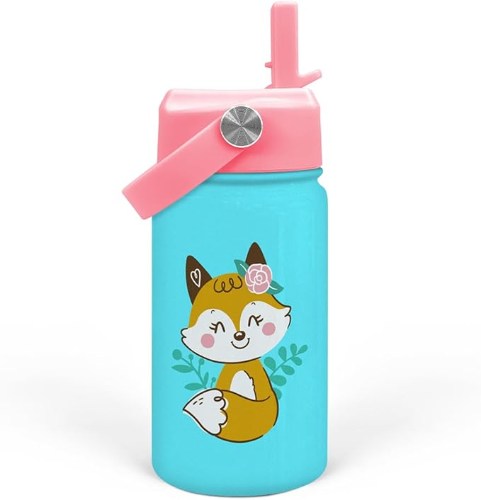 Fox Water Bottle - Kids Water Bottle with Straw Lid - 12 Oz Insulated Stainless Steel Water Bottles for Toddlers Kid Girl - Travel Cup for School Sports