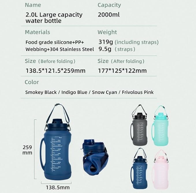 Collapsible Water Bottles 64oz with Removable Straw, Odorless BPA-Free Silicone, Leak-Proof Foldable Reusable Bottle - Perfect for Cruise Travel Sports Gym Hiking Camping Cycling - Blue