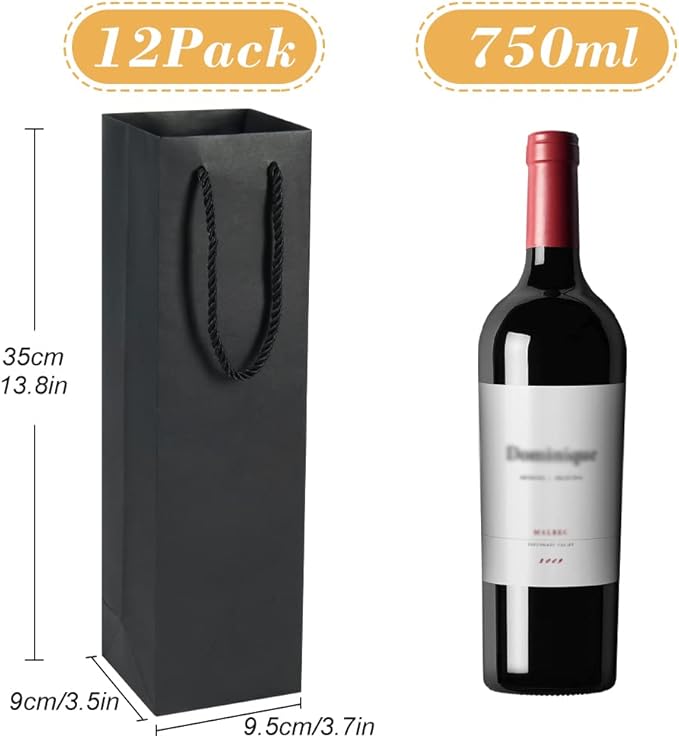 HRX Package Sturdy Kraft Paper Single Bottle Wine Gift Bags, 12PCS Quality Paper Wine Tote Bags with Handles for Christmas, Party, Shopping, Retail Merchandise (Black)