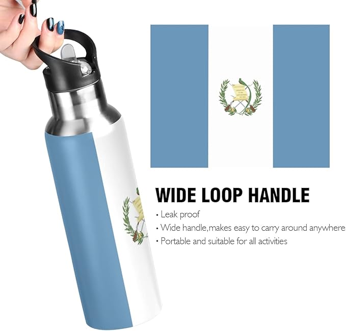 Guatemala Flag Sports Water Bottle, Double Wall Vacuum Insulated Stainless Steel Water Bottle with Straw Keeps Hot and Cold, Bike Running Sports Travel Gym 20oz