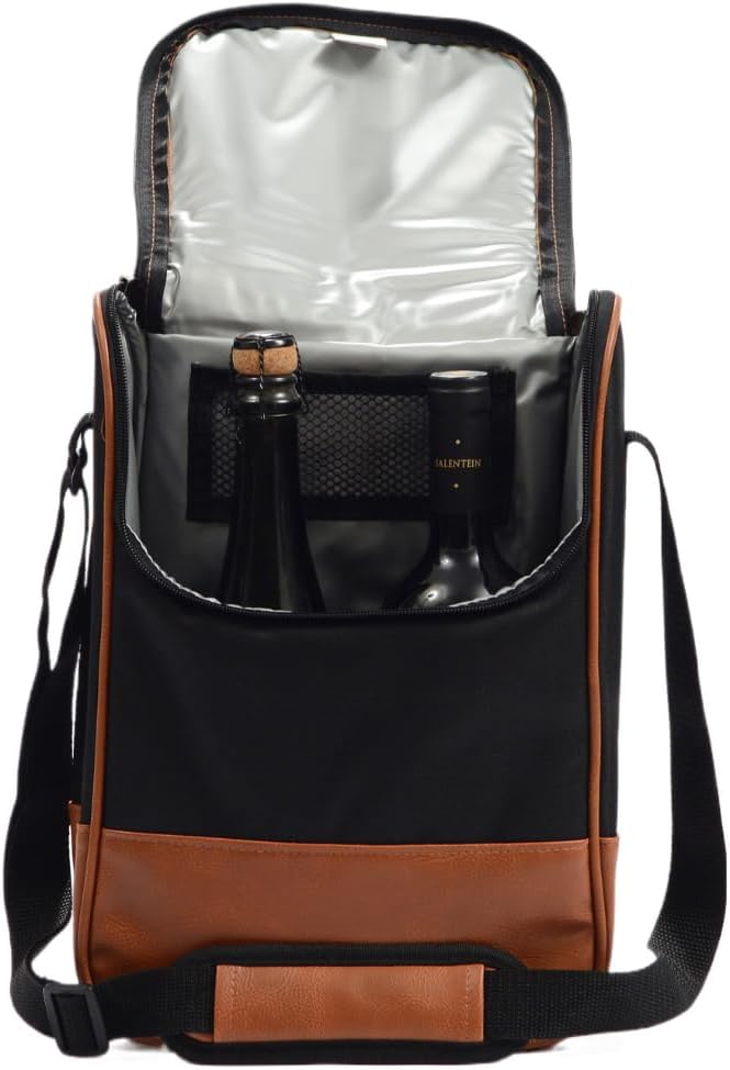 Ax store Wine Leather Tote Bag, Insulated Waterproof Cooler Bag for Picnic and Beach, Wine Carrier 2 Bottle, 2 Bottle Wine Bag, Zippered Wine Handbag Transporter for Gift and Travel, Leather Wine Bag