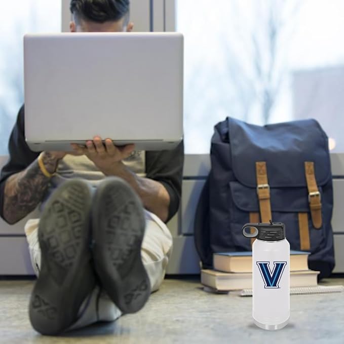Villanova University Wildcats 32oz Stainless Steel Double Walled White Beverage Bottle with Flip Straw Spout - College Gear for Playoff Season – For Office, Home or Auto – Show your Wildcat Pride