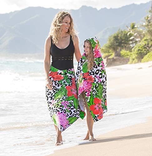 Kids Hooded Beach Towel Swimsuit Cover-up Wrap with Buttons (Red and Pink Floral Leopard, One Size)