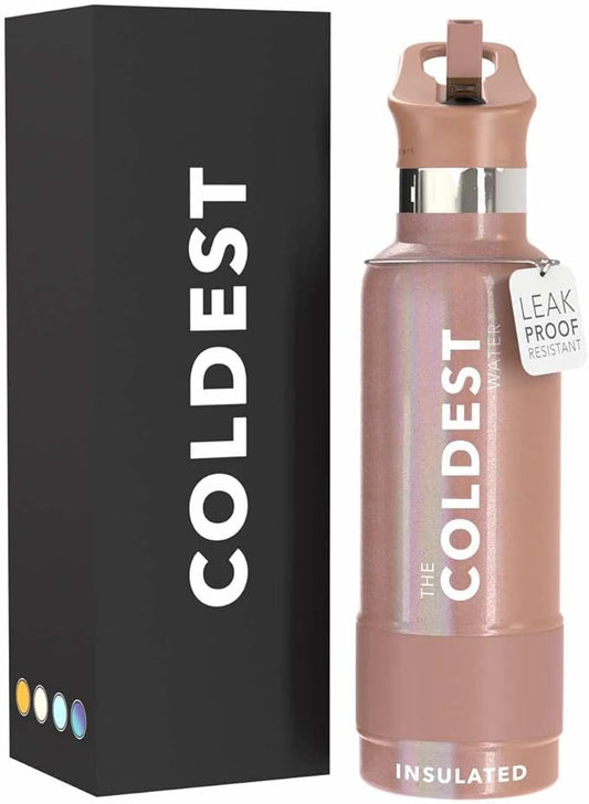 Coldest Water Bottle with Standard Mouth Straw Lid Metal Thermos Vacuum Insulated Stainless Steel l Reusable Leak Proof Cupholder Flask (21 oz, Rose Gold)