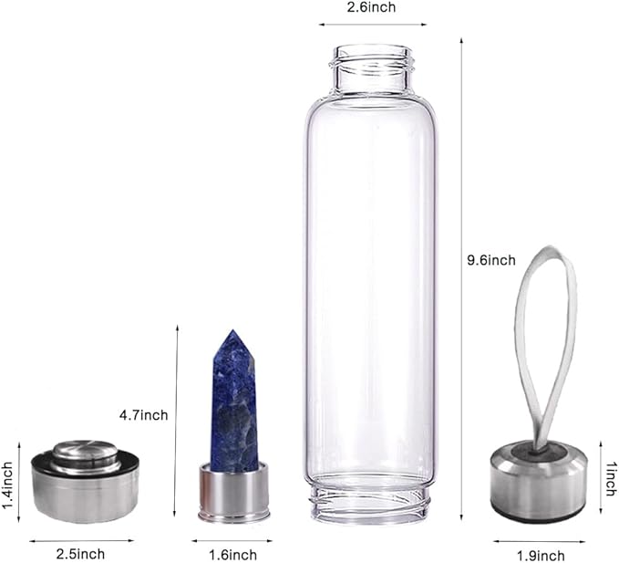 Crystal Glass Water Bottle,Water Bottle With Gemstone Center Crystal Elixir Bottle,Removable Gemstones Creative Water Cup Crystal Column Magic Wand Energy Cup for Gifts (G-Blue Stone)