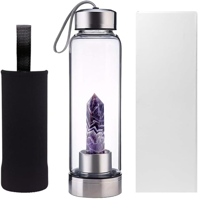 Crystal Glass Water Bottle,Water Bottle With Gemstone Center Crystal Elixir Bottle,Removable Gemstones Water Cup Crystal Column Magic Wand Energy Cup for Gifts (R-Dream Amethyst)