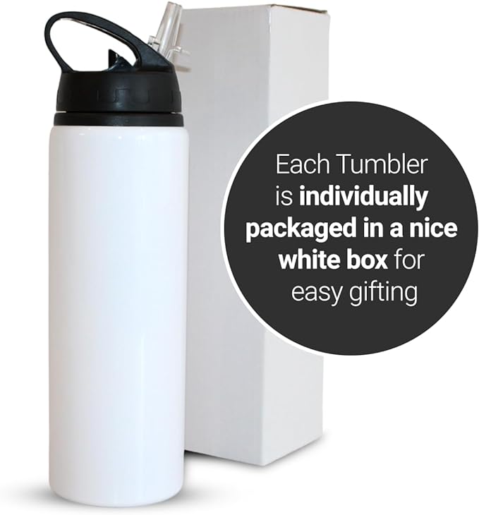 Aluminum 20oz White Sublimation Lightweight Water Bottle Blank, with Foldable Straw Lid and Handle, High-Grade Coating, Personalized Reinforced Packaging (6 Pack)