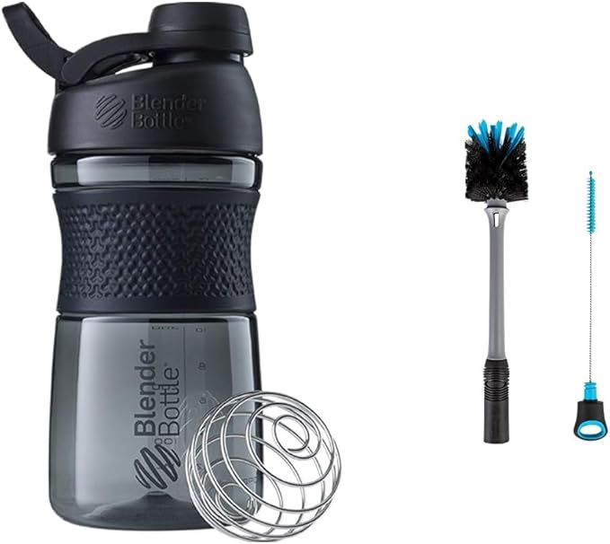 BlenderBottle SportMixer Shaker Bottle Perfect for Protein Shakes and Pre Workout, 20-Ounce, Black & 2-in-1 Shaker Bottle and Straw Cleaning Brush, 1 Pack,Gray