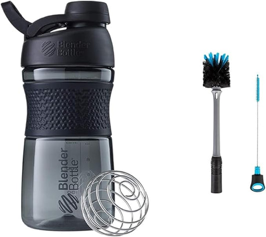 BlenderBottle SportMixer Shaker Bottle Perfect for Protein Shakes and Pre Workout, 20-Ounce, Black & 2-in-1 Shaker Bottle and Straw Cleaning Brush, 1 Pack,Gray