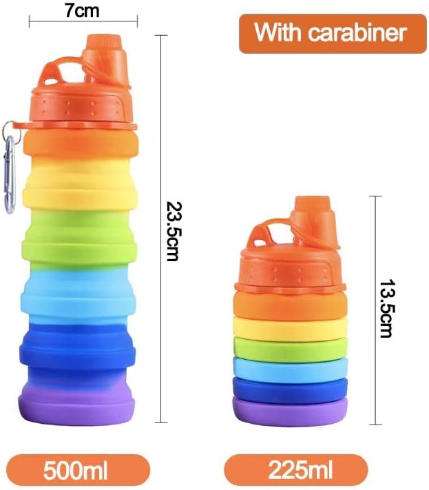 Collapsible Water Bottles 2 pack Travel Water Bottle Portable Hiking Water Bottle with Leak proof Twist Cap 500ML Reusable BPA Free Silicone Water Bottles (Style1, Blue+Rainbow)