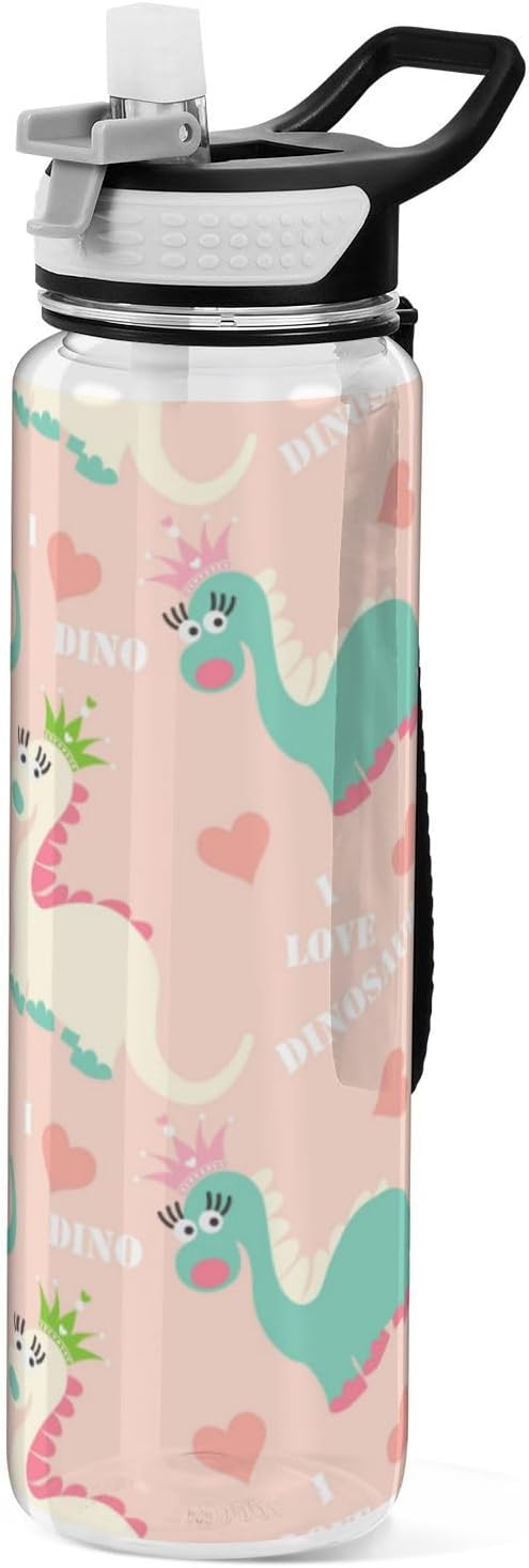 Water Bottle with Straw Kawaii Dinosaur Pink Sports Bottles BPA-Free Tritan Water Jug with Carrying Strap for Women Men Gym Outdoor Sports