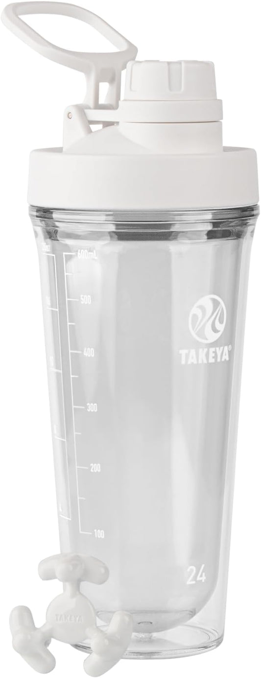 Takeya 24 oz Tritan Plastic Shaker Bottle - Premium BPA Free Protein Shakes Mixer, Leakproof Spout Lid, Shatterproof, Cloud White