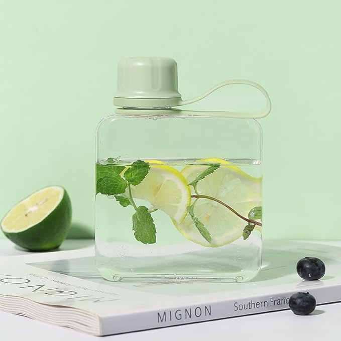 Tritan Transparent Flat Water Bottle samll Water Bottle Slim Square Pocket Bottle Water Flask, BPA Free/Slim Design/Leak Proof Water Bottle for Travel, Outdoor, Sports (Matcha Green, 320ML)
