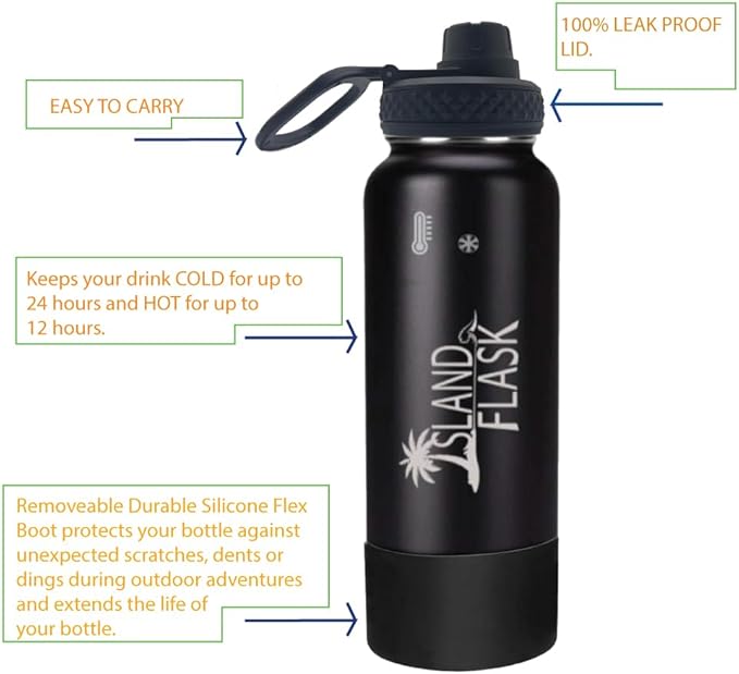 Island Flask- 40oz Double Wall Insulated Sports Water Bottle with one screw lid and one silicone boot.Keeps your drink COLD for up to 24 hours, and HOT for up to 12 hours.