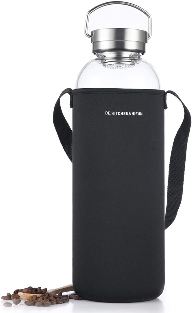 DE.KITCHEN&HIFUN Glasss Water Bottle 64oz, Large Borosilicate Glass 2L for Juice, Glass Water bottle with Steel Cap Filter (1)