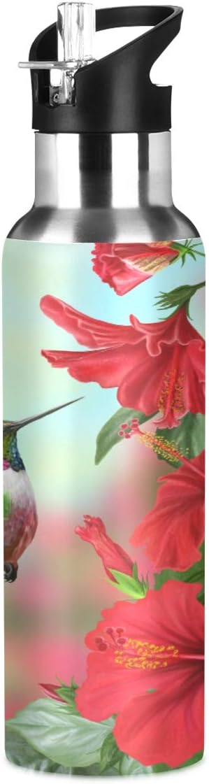 Red Hibiscus Flower Hummingbird Sports Water Bottle, 22 Oz BPA Free Non-Toxic Stainless Steel Water Bottle with Straw for Gym Yoga Fitness Camping