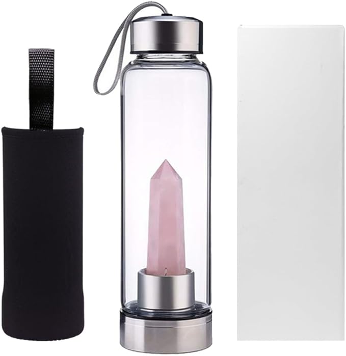 Crystal Glass Water Bottle,Water Bottle With Gemstone Center Crystal Elixir Bottle,Removable Gemstones Creative Water Cup Crystal Column Magic Wand Energy Cup for Gifts (O-Powder)