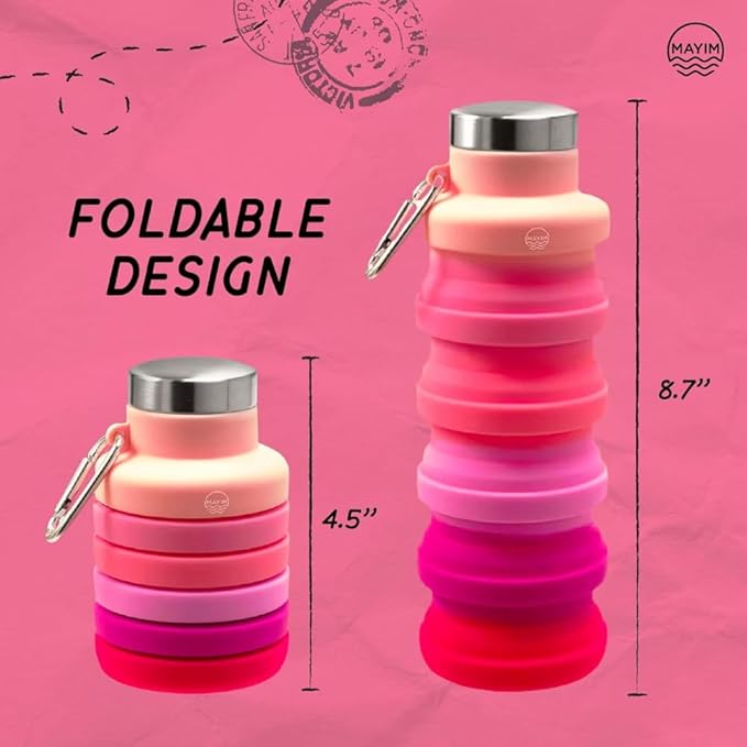 Mayim Collapsible Water Bottles Silicone Travel Tumbler with Clip for Backpack, Reusable Portable Sport Water Bottle for Gym, Camping, Hiking or Airport, 17 Oz Pink & Mauve Tie Dye