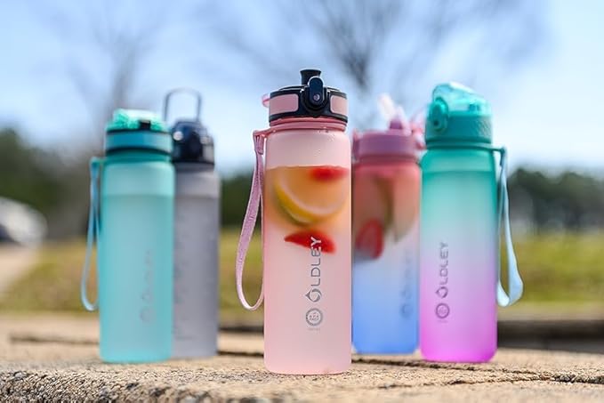 OLDLEY Kids Water Bottle for School, 17 oz (2 lids) BPA-Free Reusable Leak-proof Durable Tritan Plastic Water Bottles with Straw & Chug Lids, Anti-dust Spout Cover (Pink Blue)