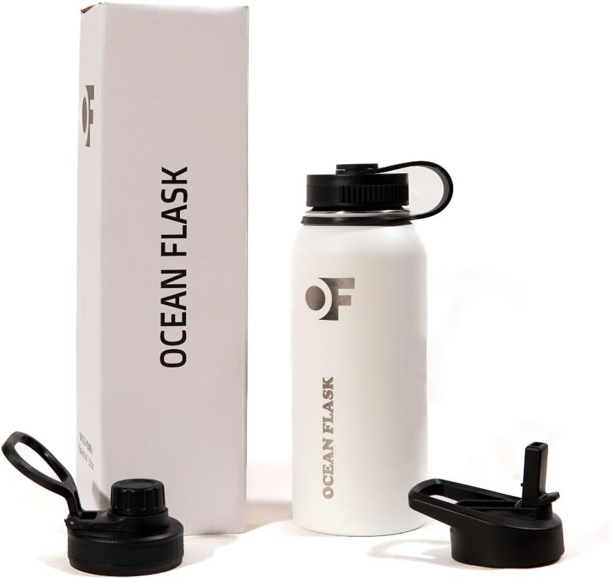 Sports Water Bottle - 32 Oz 3 Lids Straw Lid Leak Proof (Straw, Spout and Handle Lid)- Stainless Steel Sport and Gym, Travel Bottles for Men, Women -Insulated Thermos (Winter White)