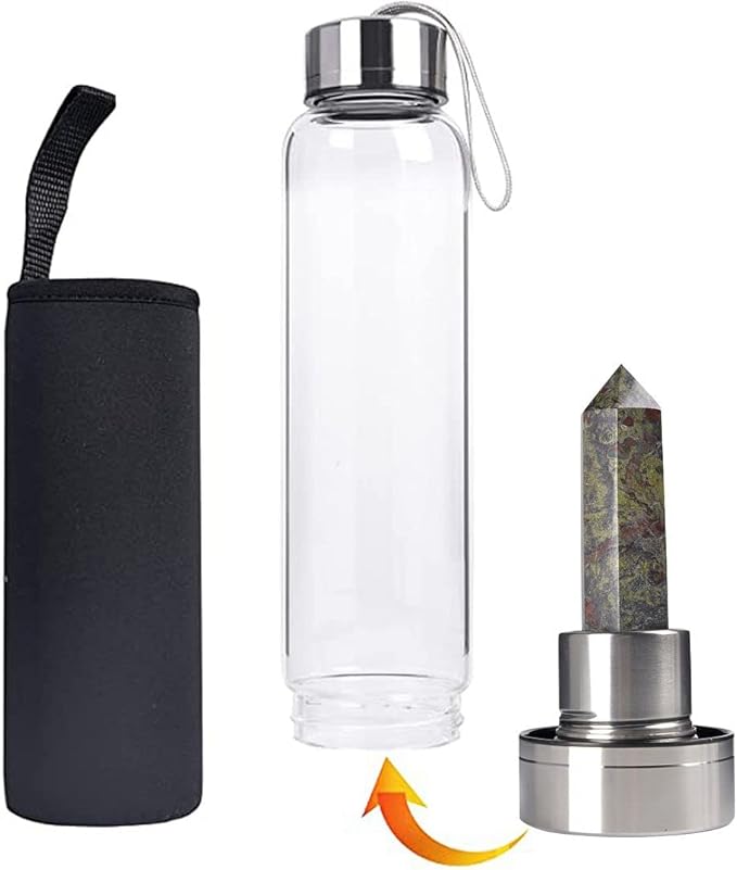 Crystal Glass Water Bottle, Glass Water Bottle with Changeable Natural Crystal Center, Quartz Gemstone Water Bottle for Natural