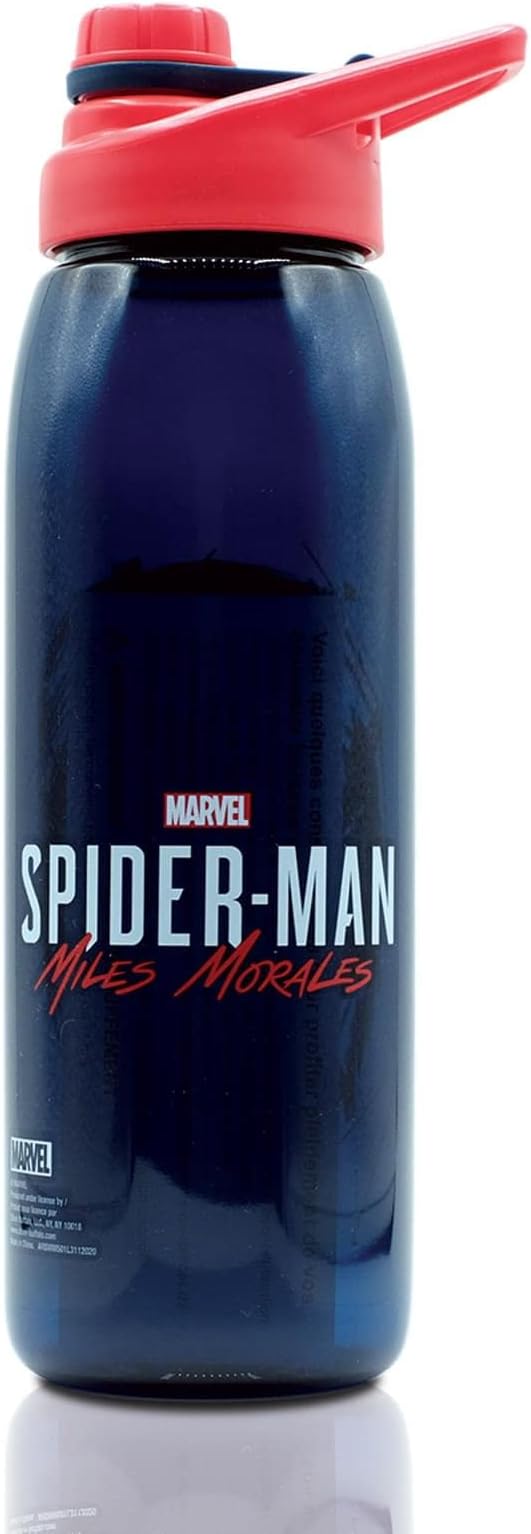 Silver Buffalo Marvel Spider-Man Miles Morales 28-Ounce Sports Bottle | BPA-Free Plastic Water Jug With Leakproof Screw-Top Lid And Flip-Up Cap | Hydration For Outdoor Activities, Gym Fitness Gifts