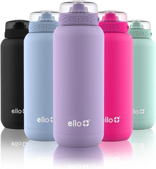 Ello Cooper 32oz Stainless Steel Water Bottle with Straw and Carry Handle, Double Walled and Vacuum Insulated Metal, Leak Proof Locking Lid with Soft Silicone Spout, Reusable, BPA Free, Lilac