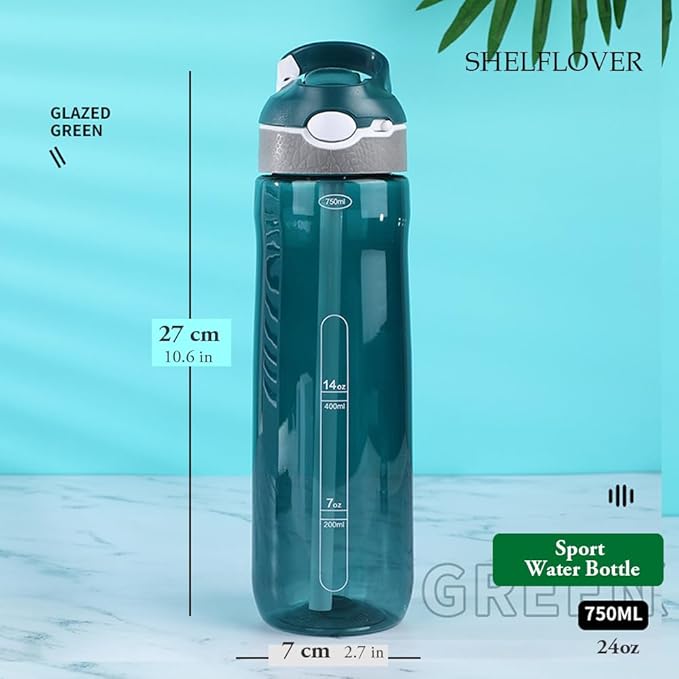 SHELFLOVER Dark Cyan Water Bottle With Narrow Straw, BPA FREE Clear Bottles With Handle One Hand Use Easy Carried, Flip Up, Suit School, Office, Gym, Office, 24oz (750ml)