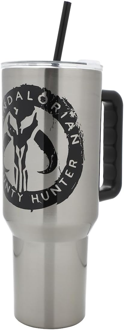Bioworld Star Wars Mandalorian Mythosaur Skull Bounty Hunter Logo 40 Oz Silver Stainless Steel Tumbler