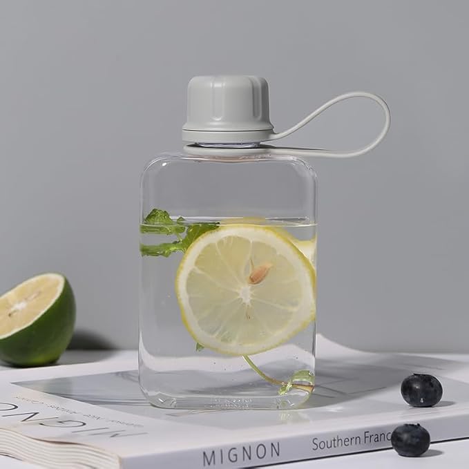 Tritan Transparent Flat Water Bottle samll Water Bottle Slim Square Pocket Bottle Water Flask, BPA Free/Slim Design/Leak Proof Water Bottle for Travel, Outdoor, Sports, Camping (Grey, 240ML)