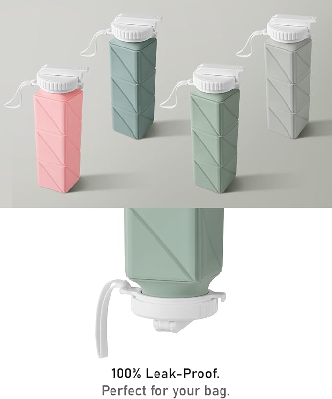 Opard Collapsible Water Bottles 21 Oz - BPA Free, Leak Proof, Foldable Silicone Collapse Water Bottle with Straw, Easy to Compact and Expandable, Travel Essentials Accessories